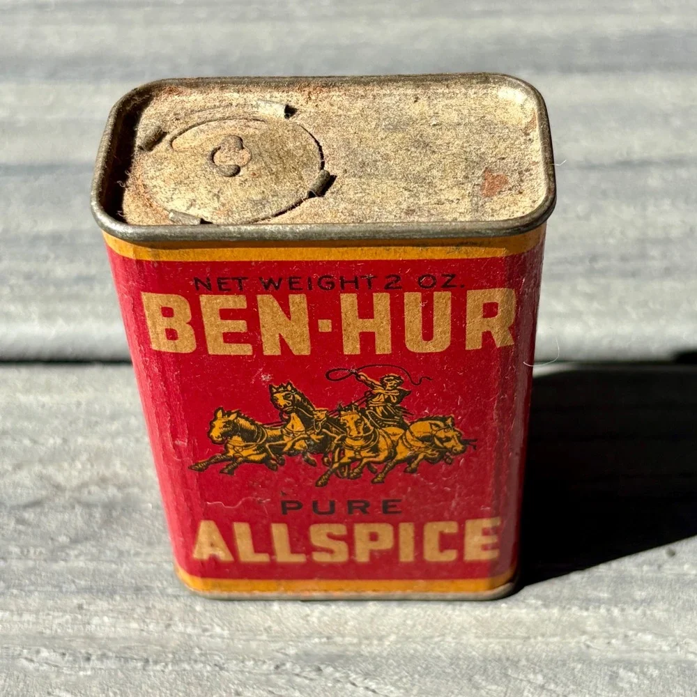 Ben-Hur Pure Allspice 2 oz Vintage Spice Tin Chariot Graphic Advertising Prop